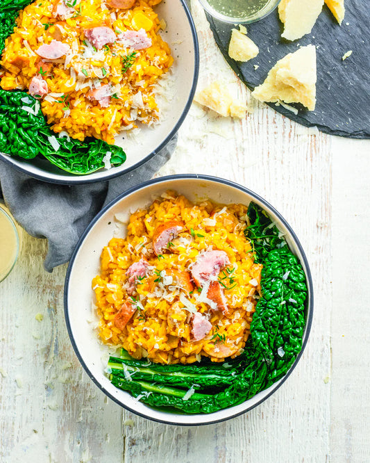 Pork And Fennel Sausages With Risotto Milanese And Grilled Cavolo Nero