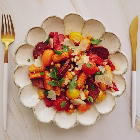 Cavatelli with Roasted Capsicum, Cherry Tomatoes & Black Garlic Salami