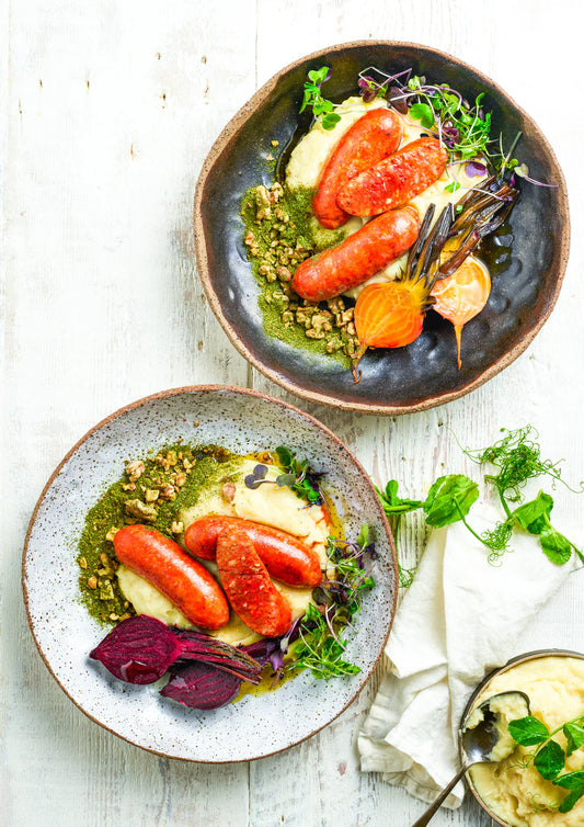 Spicy Pork Sausages With Cheesy Semolina, Roasted Beetroot And Walnut Crumble