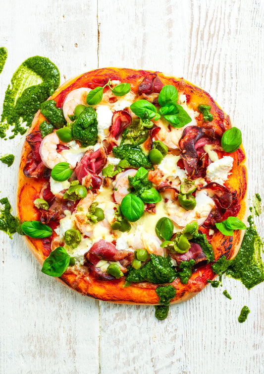 Pizza With Capocollo, Prawns, Ricotta And Salsa Verde